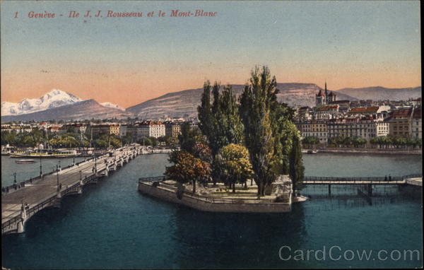 Ile J. J. Rousseau et le Mont Blanc Geneva Switzerland