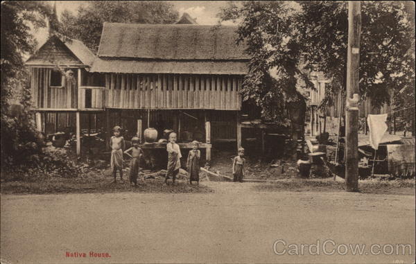 View of Native House on Stilts, With Children Thailand