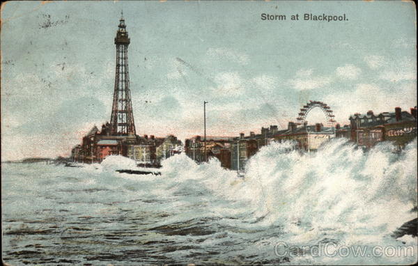 View of Stormy Waves & Blackpool Tower LANCASHIRE England