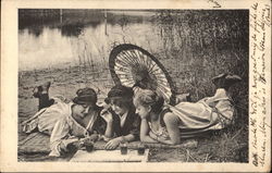 Three Ladies Enjoy Refreshments by the Shore Postcard