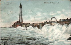 View of Stormy Waves & Blackpool Tower England Lancashire Postcard Postcard