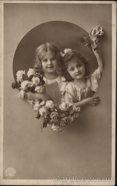 Two Girls with Bouquet of Flowers and Letter