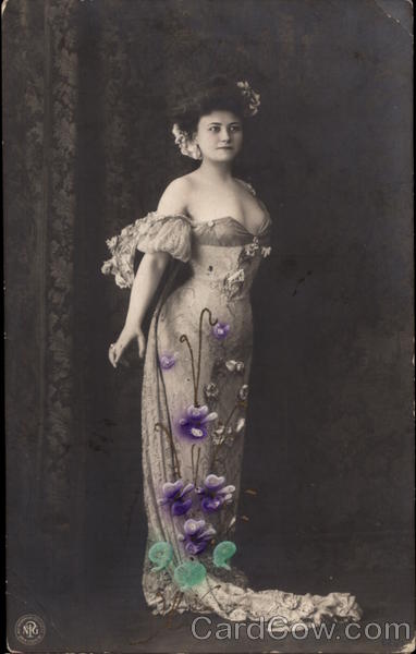 Woman in Ballgown decorated with Violets Women