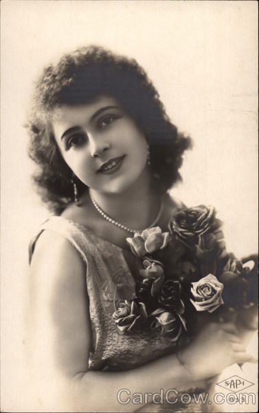 French Woman's Portrait with Rose Bouquet Women