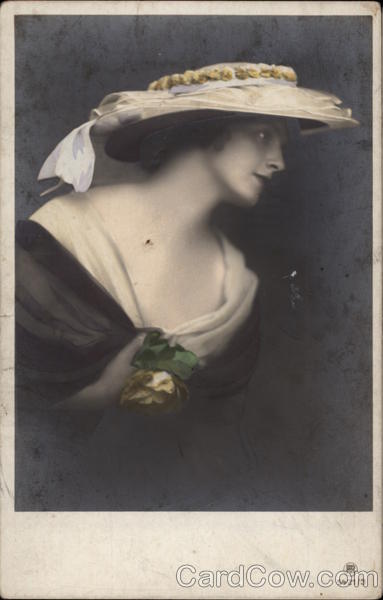 Woman in Black and White Gown with Straw Hat Women