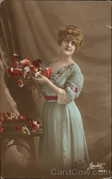 Woman in Green Dress with Flowers Women