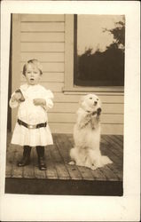 Young Girl and Dog on Porch Postcard