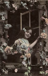 Young Girl Looking through Window Postcard