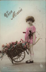 Vive Marie - Young Girl with Wheelbarrow full of Flowers Postcard