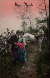 Couple with White Horse Christmas Postcard Postcard