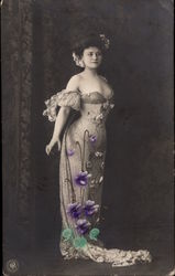 Woman in Ballgown decorated with Violets Postcard