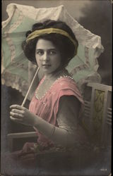 Young Woman Posing in Chair with Umbrella (Netherlands) Postcard
