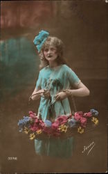 Girl Carring Flower Baskets Postcard