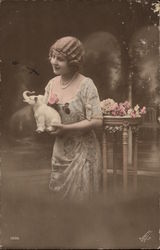 Woman Holding a White China Elephant Postcard