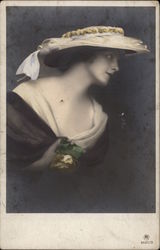 Woman in Black and White Gown with Straw Hat Postcard