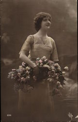 Young Woman's Portrait Carrying Flowers Postcard