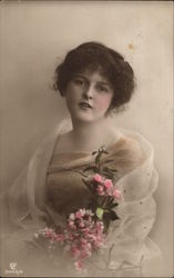Young Woman Holding Blossoms Postcard