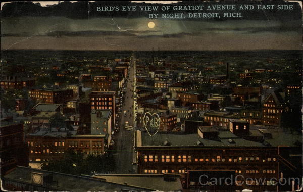 Bird's Eye View of Gratiot Avenue and East Side by Night Detroit Michigan