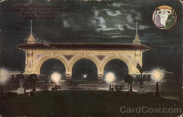 Main Entrance at Night, Alaska Yukon, Pacific Exposition Seattle Washington