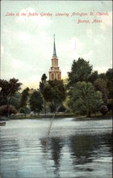 Lake in the Public Garden showing Arlington St. Church Boston, MA Postcard Postcard