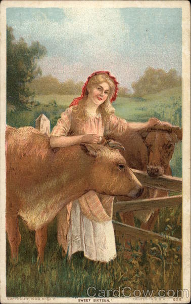 Blonde Woman With Two Cows Girls