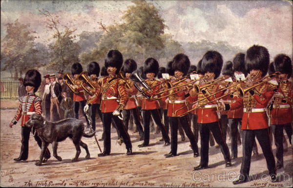 The Irish Guards with their regimental pet, Brian Boru, marching thro' the Park Ireland