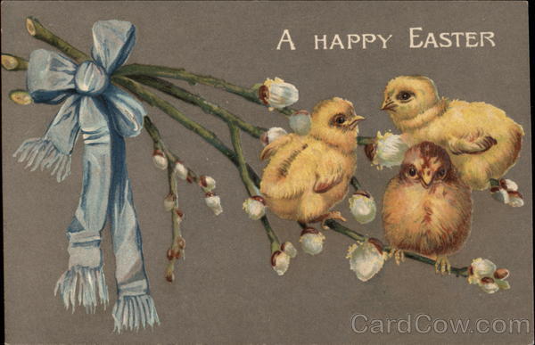 Three baby chicks on cotton branches tied together with a blue bow
