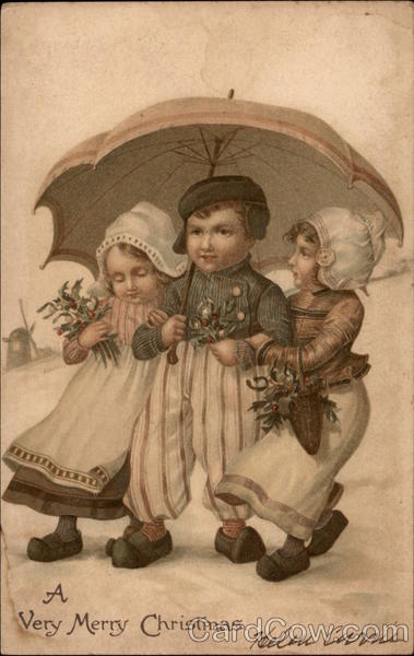 A Very Merry Christmas - Dutch Children Carrying Umbrella