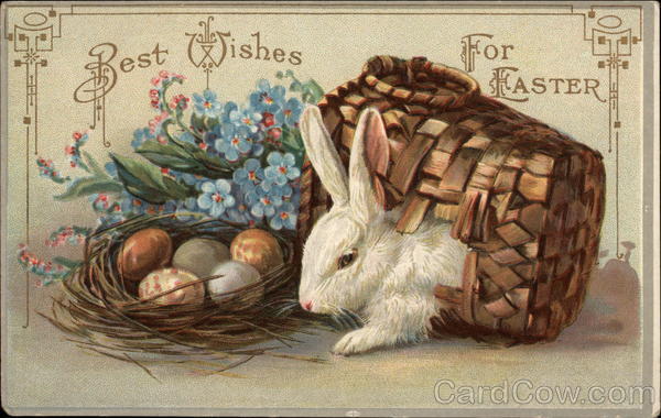 Rabbit in Basket, Flowers & Eggs With Bunnies