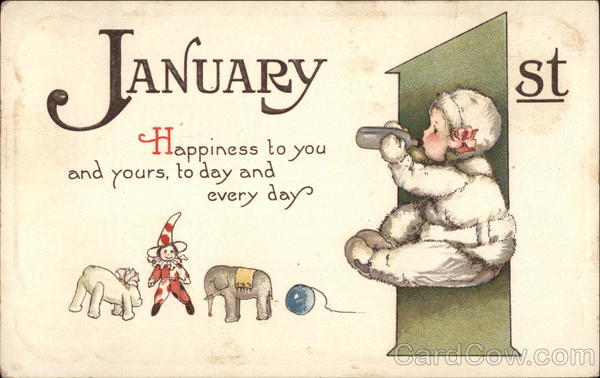 January First Greetings, with Baby and Toys Children