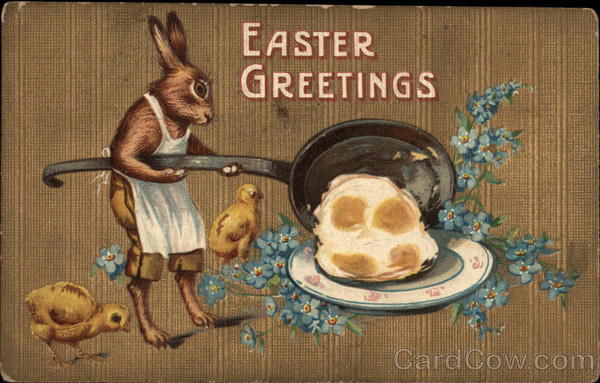 Easter Greetings - Rabbit Making an Omelette With Bunnies