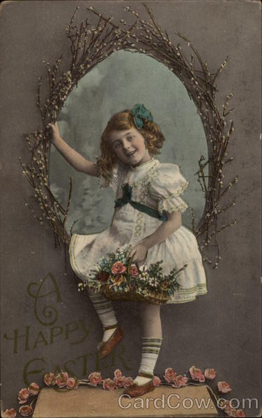 Little Girl in White Holds Basket of Flowers With Children