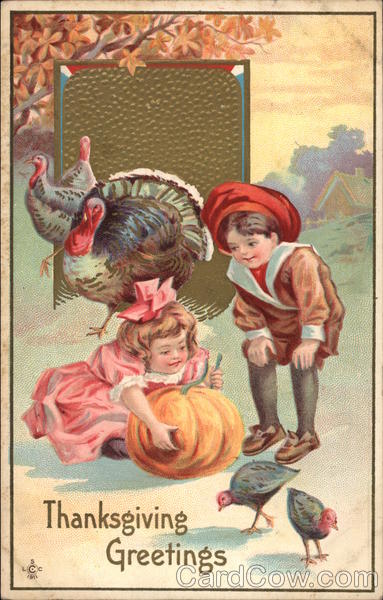 Thanksgiving Greetings, with Children and Turkeys