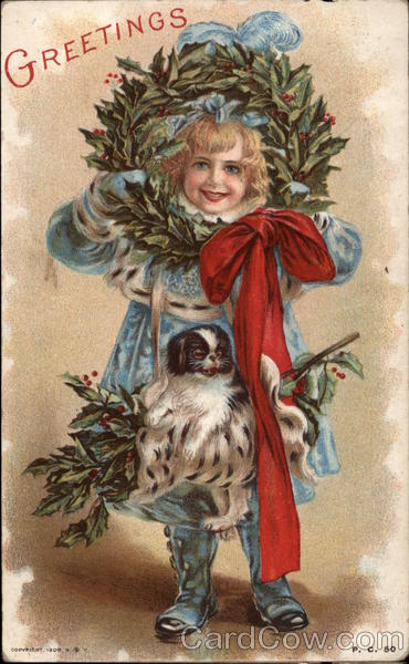 Child with Christmas Greenery and a Small Dog Children
