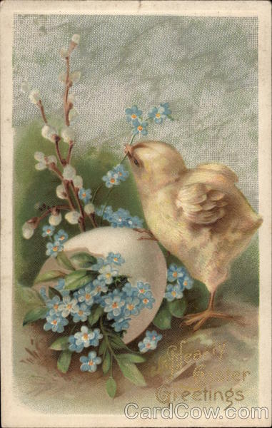 Hearty Easter Greetings - Chick with Egg and Flowers