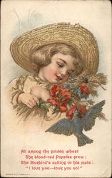 Child in straw hat with red flowers and dove Postcard