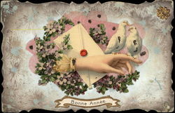 Two Doves on a White Hand with a Letter and Flowers Postcard