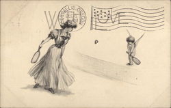 Woman in a dress playing tennis with a child angel Postcard Postcard