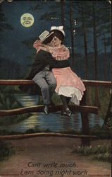 Couple Kissing on Fence in the Moonlight Comic Postcard Postcard