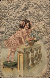 Girl in pink dress waving handkerchief Postcard