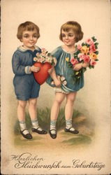 Boy and girl with flowers Postcard