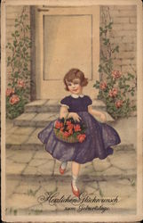 Young girl in blue dress with roses Postcard