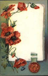 White book surrounded by red flowers Postcard