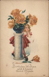 Girl Peeking out from Behind Pedestal with Vase of Large Yellow Roses Postcard