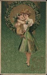 Girl in Irish Costume Holding a Pig Postcard