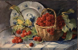 Basket or Red Berries on a Table with a Blue and White Pattern Plate Postcard