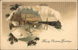 Hearty Christmas Greetings - Winter Scene with Steam Train Postcard
