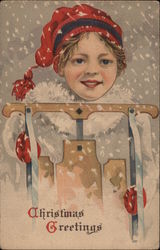 Boy in Red Hat With a Sled Children Postcard Postcard