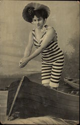 Woman in Old-Fashioned Swimming Costume Diving out of a Boat Postcard