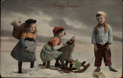 Merry Xmas! - Children in Snow with Sled Postcard